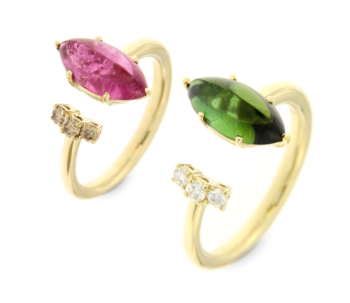 Katie g. Jewellery_Colour Burst Ringe mit Turmalinen und Brillanten in unterschiedlichen Farben mit 14kt. Gelb- bzw. Champagnergold Schiene