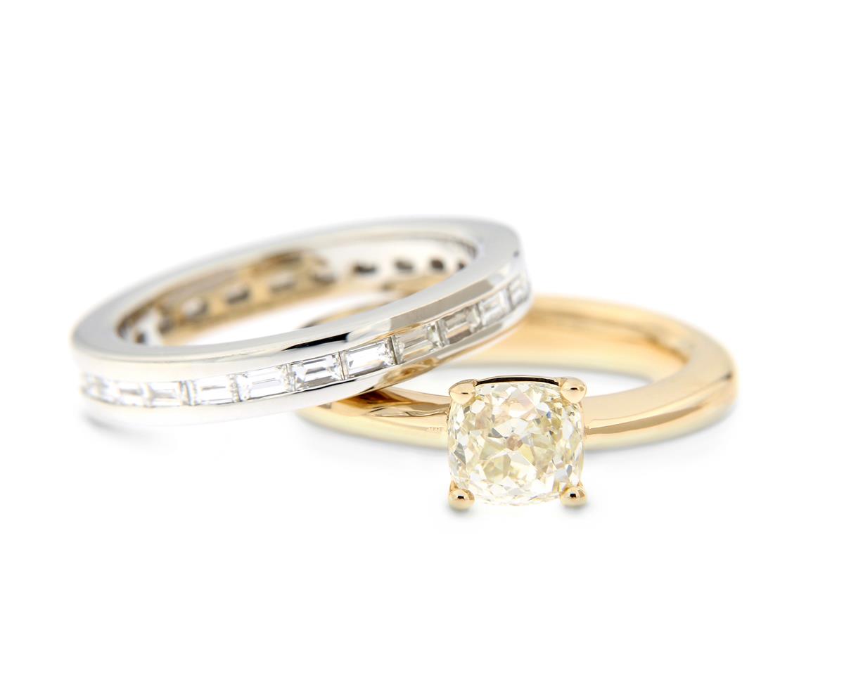 Katie g. Jewellery - Weißgold mit Baguette Diamanten und Rotgold mit Cushion Diamant