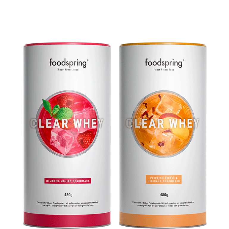 foodspring_Clear Whey_Pfirsich-Eistee & Hibiskus_Himbeer Mojito_je EUR 29,99_Freisteller