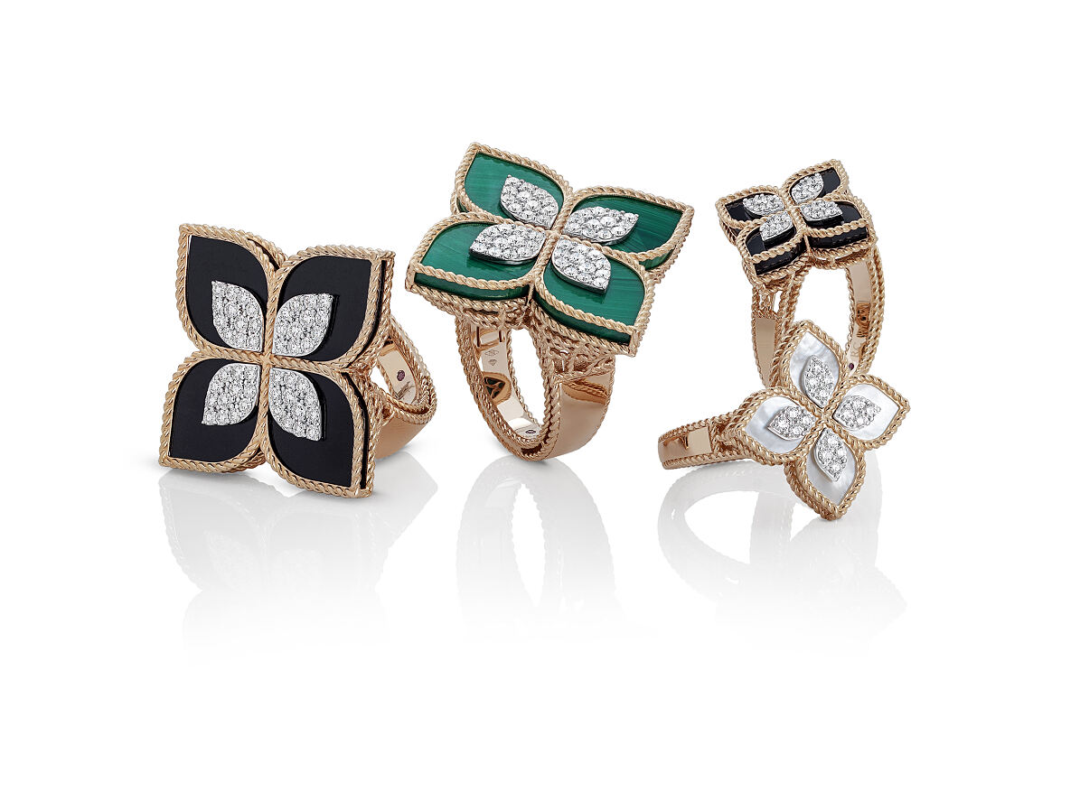 JUWELIER KRUZIK_Roberto Coin_Kollektion Princess Flower_Rings in rose gold with black jade, malachite, mother of pearl and diamonds_Preis auf Anfrage